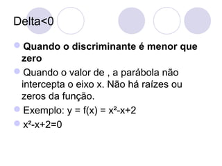 Delta<0
Quando o discriminante é menor que
zero
Quando o valor de , a parábola não
intercepta o eixo x. Não há raízes ou
zeros da função.
Exemplo: y = f(x) = x²-x+2
x²-x+2=0
 