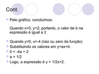 Cont.
Pelo gráfico, concluímos:
Quando x=0, y=2; portanto, o valor de b na
expressão é igual a 2
Quando y=0, x=-4 (raiz ou zero da função)
Substituindo os valores em y=ax+b:
0 = -4a + 2
a = 1/2
Logo, a expressão é y = 1/2x+2.
 