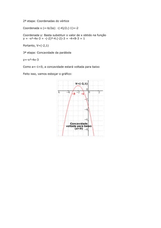 2ª etapa: Coordenadas do vértice

Coordenada x (=-b/2a): -(-4)/2.(-1)=-2

Coordenada y: Basta substituir o valor de x obtido na função
y = -x²-4x-3 = -(-2)²-4.(-2)-3 = -4+8-3 = 1

Portanto, V=(-2,1)

3ª etapa: Concavidade da parábola

y=-x²-4x-3

Como a=-1<0, a concavidade estará voltada para baixo

Feito isso, vamos esboçar o gráfico:
 