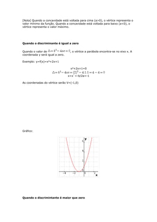 [Nota] Quando a concavidade está voltada para cima (a>0), o vértice representa o
valor mínimo da função. Quando a concavidade está voltada para baixo (a<0), o
vértice representa o valor máximo.




Quando o discriminante é igual a zero


Quando o valor de                  , o vértice a parábola encontra-se no eixo x. A
coordenada y será igual a zero.

Exemplo: y=f(x)=x²+2x+1

                                   x²+2x+1=0

                                  x=x`=-b/2a=-1

As coordenadas do vértice serão V=(-1,0)




Gráfico:




Quando o discrimintante é maior que zero
 