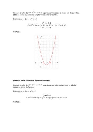 Quando o valor de                   , a parábola intercepta o eixo x em dois pontos.
(São as raízes ou zeros da função vistos anteriormente).

Exemplo: y = f(x) = x²-4x+3

                                    x²-4x+3=0


                                    x=1, x`=3

Gráfico:




Quando o discriminante é menor que zero


Quando o valor de                  , a parábola não intercepta o eixo x. Não há
raízes ou zeros da função.

Exemplo: y = f(x) = x²-x+2

                                     x²-x+2=0



Gráfico:
 