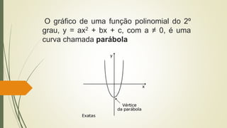 O gráfico de uma função polinomial do 2º
grau, y = ax2 + bx + c, com a ≠ 0, é uma
curva chamada parábola
 