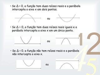 42
1
0011 0010 1010 1101 0001 0100 1011
• Se ∆ = 0, a função tem duas raízes reais iguais e a
parábola intercepta o eixo x em um único ponto.
• Se ∆ < 0, a função não tem raízes reais e a parábola
não intercepta o eixo x.
ou
ou
• Se ∆ > 0, a função tem duas raízes reais e a parábola
intercepta o eixo x em dois pontos.
ou
 