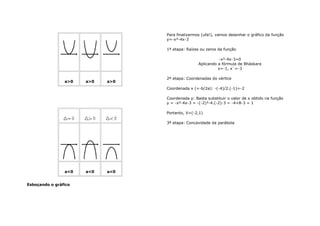 a>0 a>0 a>0 
a<0 a<0 a<0 
Esboçando o gráfico 
Para finalizarmos (ufa!), vamos desenhar o gráfico da função 
y=-x²-4x-3 
1ª etapa: Raízes ou zeros da função 
-x²-4x-3=0 
Aplicando a fórmula de Bháskara 
x=-1, x`=-3 
2ª etapa: Coordenadas do vértice 
Coordenada x (=-b/2a): -(-4)/2.(-1)=-2 
Coordenada y: Basta substituir o valor de x obtido na função 
y = -x²-4x-3 = -(-2)²-4.(-2)-3 = -4+8-3 = 1 
Portanto, V=(-2,1) 
3ª etapa: Concavidade da parábola 
 