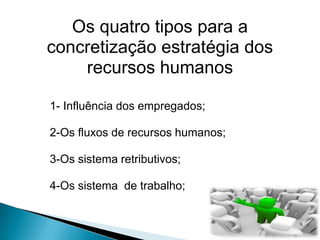 Os quatro tipos para a
concretização estratégia dos
    recursos humanos

1- Influência dos empregados;

2-Os fluxos de recursos humanos;

3-Os sistema retributivos;

4-Os sistema de trabalho;
 