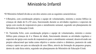Ministério Infantil
•O Ministério Infantil divide-se em dois setores com as seguintes características:
• I-Berçário, com coordenação própria e equipe de voluntariados, ministra o ensino bíblico às
crianças de idade de 0 a 03 anos, funcionando durante as atividades regulares e especiais da
igreja com escala de responsáveis para o atendimento semanal, seguindo um planejamento do
Ministério de Educação Cristã.
• II- Turminha Feliz, com coordenação própria e equipe de voluntariados, ministra o ensino
bíblico para crianças de 4 a 10anos de idade, funcionando durante as atividades regulares e
especiais da igreja com escala de responsáveis para o atendimento semanal, desenvolvendo um
projeto educacional que tenha como objetivo o ensino criativo e dinâmico, pastoreio de cada
criança e apoio aos pais na educação de seus filhos, através da formação de pequenos grupos,
dentro de cada faixa etária, seguindo um planejamento do Ministério de Educação Cristã.
 