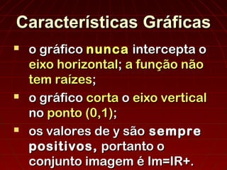 Características GráficasCaracterísticas Gráficas
 o gráficoo gráfico nuncanunca intercepta ointercepta o
eixoeixo horizontalhorizontal;; a função nãoa função não
tem raízestem raízes;;
 o gráficoo gráfico cortacorta oo eixo verticaleixo vertical
nono ponto (0,1)ponto (0,1);;
 os valores de y sãoos valores de y são sempresempre
positivos,positivos, portanto oportanto o
conjunto imagem é Im=IR+.conjunto imagem é Im=IR+.
 