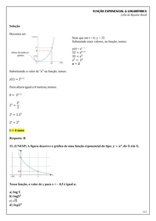 FUNÇÃO EXPONENCIAL & LOGARÍTMICA
Celso do Rozário Brasil
112
Solução
Devemos ter:
Note que em t = 6; y = 32.
Substuindo estes valores, na função, temos:
y(t) = at – 1
32 = a6−1
32 = a5
a5
= 25
𝐚 = 𝟐
Substituindo o valor de “a” na função, temos:
y(t) = 2t−1
Para altura igual a 8 metros, temos:
8 = 2t−1
23
=
2t
2
2t
= 2.23
2t
= 24
𝐭 = 𝟒 𝐚𝐧𝐨𝐬
Resposta: B
33. (UNESP) A figura descreve o gráfico de uma função exponencial do tipo: 𝒚 = 𝒂𝒙
, 𝒅𝒆 ℝ 𝒆𝒎 ℝ.
Nessa função, o valor de y para x = – 0,5 é igual a:
𝐚) 𝐥𝐨𝐠 𝟓
𝐛) 𝐥𝐨𝐠𝟓𝟐
𝒄) √𝟓
𝒅) 𝒍𝒐𝒈𝟐𝟓
 