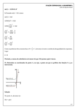 FUNÇÃO EXPONENCIAL & LOGARÍTMICA
Celso do Rozário Brasil
127
𝐦(𝐭) = 𝟏𝟐𝟓𝟎. 𝟎, 𝟔𝐭
b) Fazendo m(t) < 162, temos:
m(t) < 162
1250.0,6𝑡
< 162
1250. (
6
10
)
𝑡
< 162
(
3
5
)
𝑡
<
162
1250
∶
2
2
(
3
5
)
𝑡
<
81
625
(
3
5
)
𝑡
< (
3
5
)
4
Como as potências têm a mesma base e 0 <
3
5
< 1, devemos inverter o sentido da desigualdade dos expoentes.
Logo:
t > 4
Portanto, a massa da substância será menor do que 162 gramas após 4 meses.
51. Determine as coordenadas do ponto A, ou seja, o ponto em que os gráficos das funções f e g se
intersectam.
Solução
No ponto A, devemos ter:
f(x) = g(x)
 