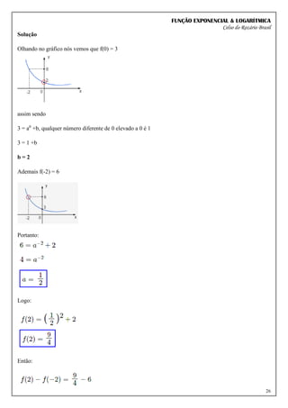 FUNÇÃO EXPONENCIAL & LOGARÍTMICA
Celso do Rozário Brasil
26
Solução
Olhando no gráfico nós vemos que f(0) = 3
assim sendo
3 = a0
+b, qualquer número diferente de 0 elevado a 0 é 1
3 = 1 +b
b = 2
Ademais f(-2) = 6
Portanto:
Logo:
Então:
 