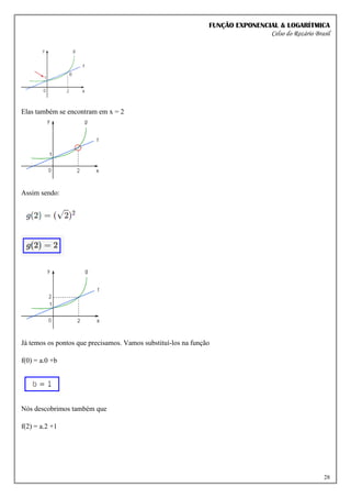 FUNÇÃO EXPONENCIAL & LOGARÍTMICA
Celso do Rozário Brasil
28
Elas também se encontram em x = 2
Assim sendo:
Já temos os pontos que precisamos. Vamos substituí-los na função
f(0) = a.0 +b
Nós descobrimos também que
f(2) = a.2 +1
 