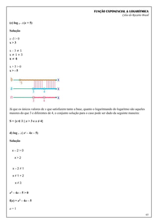 FUNÇÃO EXPONENCIAL & LOGARÍTMICA
Celso do Rozário Brasil
65
(c) log x – 3 (x + 5)
Solução
x -3 > 0
x > 3
x – 3 ≠ 1
x ≠ 1 + 3
𝐱 ≠ 𝟒
x + 5 > 0
x > - 5
Já que os únicos valores de x que satisfazem tanto a base, quanto o logaritmando do logaritmo são aqueles
maiores do que 3 e diferentes de 4, o conjunto solução para o caso pode ser dado da seguinte maneira:
S = {x ∈ ℝ | x > 3 e x ≠ 4}
d) log x – 2 ( x2
– 4x – 5)
Solução
x2 – 4x – 5 > 0
f(x) = x2 – 4x – 5
a = 1
 