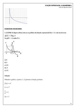 FUNÇÃO EXPONENCIAL & LOGARÍTMICA
Celso do Rozário Brasil
78
EXERCÍCIOS RESOLVIDOS
1. (UEPB) Na figura abaixo tem-se os gráficos da função exponencial f(x) = ax e da sua inversa:
Se g(P) = –2, então P é:
a) 4
b) 3
c) 1/2
d) -2
e) 1/3
Solução
Olhando o gráfico, o ponto (-1, 2) pertence à função, portanto:
𝑓(𝑥) = 𝑎𝑥
2 = 𝑎−1
1
𝑎
= 2
2𝑎 = 1
 