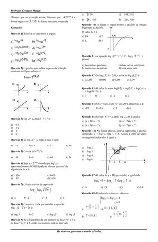 Professor Cristiano Marcell
                                                                            a)      1, 50                               c)     101, 200
Observe que no exemplo acima, dizemos que -4,2677 é a
forma negativa e 5 ,7323 é a forma mista ou preparada.
                                                                            b)      51, 100                             d)     201, 500
                                                                            Questão 10) A figura a seguir mostra o gráfico da função
Exercícios                                                                  logaritmo na base b.
                                                                            O valor de b é:
Questão 1) Resolva os logaritmos a seguir:
                                                                            a) 1/4              b) 2.

a)                     b)                                                   c) 3.               d) 4.

c)                     d)

e)                     f)
                                                                            Questão 11) A equação log 2 (9x-1 +7) = 2 + log 2 (3 x-1+1)
                                                                            possui
g)                     h)
                                                                            a) duas raízes positivas.                     c) duas raízes simétricas.
Questão 2) O gráfico que melhor representa a função                         b) duas raízes negativas.                     d) uma única raiz..
mostrada na figura adiante, é:
                                                                            Questão 12) Se log 2 123 = 2,09, o valor de log 21,23 é:
                                                                            a) 0,0209           b) 0,09         c) 0,209             d) 1,09


                                                                            Questão 13) O valor da soma log(1/2) + log(2/3) + log(3/4) +
                                                                            ... + log(99/100) é:
                                                                            a) 0            b) -1             c) -2               d) 2


                                                                            Questão 14) Se a = log2(2 sen 70°/ cos 20°), então log‚ a é:
                                                                            a) -1/2           b) -1/4             c) 1               d) -1


                                                                            Questão 15) Se log 7 875 = a, então log 35 245 é igual a:
Questão 3) log 32= x, então3 x + 3-x é:
                                                                            a) (a + 2)/(a + 7)                            b) (a + 2)/(a + 5)
a)     9/7                                                                  c) (a + 5)/(a + 2)                            d) (a + 7)/(a + 2)
b)     5/2
c)     4                                                                    Questão 16) Na figura abaixo, a curva representa o gráfico
d)     6                                                                    da função y  log x , para x  0 . Assim, a soma das áreas
                                                                            das regiões hachuradas é igual a
Questão 4) Se log x2 = ¼, então a base x vale:
                                                                                                        y
a)     20            b) 16                 c) 12                d) 10
                                                                            a)      log 2                                 S2
                                                                                                                 S1
Questão 5) O valor de 4 log29 é:                                            b)      log 3
                                                                            c)      log 4
a)     81            b) 9                  c) 64                d) 36
                                                                            d)      log 6
                            1000
Questão 6) Seja x = 2 sabendo que log 10 é         2                                                          1 2         3      4                      x
aproximadamente 0,30103 pode-se afirmar que o n° de
algarismos de x é:

a) 300                                     c) 1000                          Questão 17) O valor de y  IR que satisfaz a igualdade
b) 301                                     d) 2000
                                                                                            log y 49 = log y 2 7  log 2 y 7 ,é
Questão 7) Calcule o valor da expressão
                                                                            a) ½                    b) 1/3                c) 3                 d) 1/8
                     log n  log n n
                                      n
                                           n
                                            
                                                                          Questão 18) Resolvendo o sistema, obtemos
a) 2         b) -2                 c) 4                  d) n                                       log 2 x  log 4 y  4
                                                                                                    
                                                                                                                   xy  8
Questão 8) O número real x que satisfaz a equação                                         1 
                                                                                 S   32 , 
log2 (12 – 2x) = 2x é:                                                                    4  c)     S   2 , 4 
                                                                            a)
                                                                                                                          1 
a) log2 5            b) 2                  c) log 25            d) log 23                                        S   16 ,  
                                                                            b) S  8 , 1                    d)          2 
Questão 9) Se o logarítimo de um número na base “n” é 4 e
na base “ n 2 ” é 8, então esse número está no intervalo


                                                       Os números governam o mundo. (Platão)
 