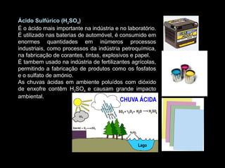 Ácido Sulfúrico (H 2 SO 4 )  É o ácido mais importante na indústria e no laboratório. É utilizado nas baterias de automóvel, é consumido em enormes quantidades em inúmeros processos industriais, como processos da indústria petroquímica, na fabricação de corantes, tintas, explosivos e papel. É tambem usado na indústria de fertilizantes agrícolas, permitindo a fabricação de produtos como os fosfatos e o sulfato de amónio.  As chuvas ácidas em ambiente poluídos com dióxido de enxofre contêm H 2 SO 4  e causam grande impacto ambiental.  