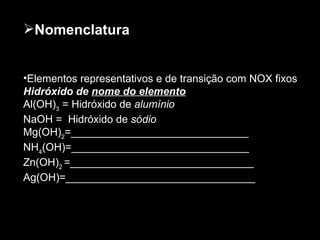Nomenclatura  Elementos representativos e de transição com NOX fixos Hidróxido de  nome do elemento Al(OH) 3  = Hidróxido de  alumínio   NaOH =  Hidróxido de  sódio Mg(OH) 2 =______________________________ NH 4 (OH)=______________________________ Zn(OH) 2  =_______________________________ Ag(OH)=________________________________ 