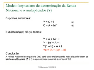 Modelo keynesiano de determinação da Renda
Nacional e o multiplicador (Y)
Supostos anteriores:
                                     Y=C+I                      (a)
                                     C = A + bY                 (b)

Substituindo (b) em (a), temos:

                                     Y = A + bY + I
                                     Y – bY = A + I
                                     Y(1 – b) = A + I
                                     Ye = (A + I)/(1 – b)
Conclusão:
A Renda Nacional de equilíbrio (Ye) será tanto maior quanto mais elevado forem os
gastos autônomos (A e I) e a propensão marginal a consumir (b)


                               PET-Economia FEAC-UFAL
 