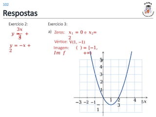 2
3𝑥
𝑦 = +
3
𝑦 = −𝑥 +
2
Exercício 2: Exercício 3:
Vértice: V(1, −1)
Imagem:
𝐼𝑚 𝑓
Zeros: 𝑥1 = 0 e 𝑥2=
2
a)
= [−1,
+∞)
𝑦
1 2
3
4 5𝑥
−
1
3
2
1
5
4
−3 −2 −1
Respostas
102
 
