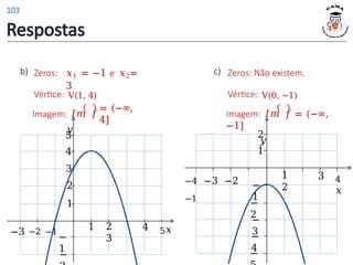 = (−∞,
4]
Zeros: 𝑥1 = −1 e 𝑥2=
3
b)
Vértice: V(1, 4)
Imagem: 𝐼𝑚 𝑓
𝑦
1 2
3
4 5𝑥
1
2
−
1
−
3
4
5
−3 −2 −1
1
2
3 4
𝑥
−
2
−
1
−4 −3 −2
−1
−
3
1
2
−
4
−
Zeros: Não existem.
Vértice: V(0, −1)
Imagem: 𝐼𝑚 𝑓 = (−∞,
−1]
𝑦
c)
Respostas
103
 