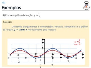 Exemplos
1
4) Esboce o gráfico da função 𝑦 = 2
sen 𝑥.
Solução:
Utilizando alongamentos e compressões verticais, comprime-se o gráfico
da função 𝒚 = 𝒔𝒆𝒏 𝒙 verticalmente pela metade.
�
�
�
�
2
�
�
1
3
𝜋
2
2
𝜋
�
�
−
2
−
𝜋
−
3
𝜋
2
−2
𝜋
�
�
2
−
1
−
1
2
𝑦 =
sen 𝑥
150
 