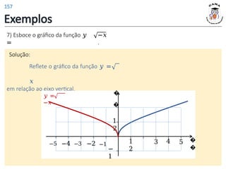 Exemplos
7) Esboce o gráfico da função 𝑦
=
−𝑥
.
Solução:
Reflete o gráfico da função 𝑦 =
𝑥
em relação ao eixo vertical.
�
�
3 4 5
−
1
1
2
1
�
�
2
−5 −4 −3 −2 −1
𝑦 =
−𝑥
157
 