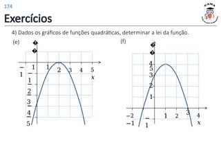 4) Dados os gráficos de funções quadráticas, determinar a lei da função.
(f)
1 2
3 4
𝑥
1
2
−
1
3
4
�
�
5
−2
−1
(e)
5
𝑥
1
−
1
−
3
−
2
2 3 4
−
1
−
5
�
�
1
−
4
Exercícios
174
 