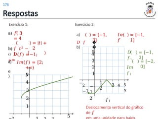 Exercício 1:
a) 𝑓 3
= 4
b) 𝑓 𝑡2 −
1
= |𝑡| +
2
c) 𝐷(𝑓) =−1;
+∞
𝐼𝑚(𝑓) = [2;
+∞)
𝑦
5
1
2
3
4
5
d)
e
)
Exercício 2:
a)
𝐷 𝑓
= [−1,
3]
𝐼𝑚
𝑓
= [−1,
1]
b)
= [−1,
3]
𝐷
𝑓1
𝐼𝑚
𝑓1
= [−2,
0]
1
2
3 4 5
𝑥
1
2
−
1
−
2
−
2
−1
3
4
�
�
5
𝑓1
Deslocamento vertical do gráfico
de 𝑓
Respostas
176
 