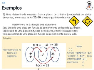 Exemplos
.
2) Uma determinada empresa fabrica placas de trânsito (quadradas) de vários
tamanhos, a um custo de R$ 25,00 o metro quadrado da placa
Determine a lei da função que estabelece:
(a) a área de uma placa em função do comprimento do lado do quadrado;
(b) o custo de uma placa em função de sua área, em metros quadrados;
(c) o custo final de uma placa em função do comprimento do seu lado.
Solução:
Representação na
forma de
diagrama.
Note
que
ℎ 𝑥 =
𝑔(𝑓(𝑥))
é
a
função composta, que
as duas
“acopla”
informações
anteriores.
�
�
𝑥2 25 ⋅
𝑥2
𝑔
𝑦
= 25
⋅ 𝑦
ℎ(𝑥) = 25
⋅ 𝑥2
𝑓 𝑥 =
𝑥2
196
 