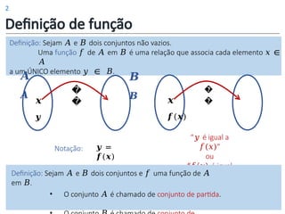 Definição: Sejam 𝐴 e 𝐵 dois conjuntos não vazios.
Uma função 𝑓 de 𝐴 em 𝐵 é uma relação que associa cada elemento 𝑥 ∈
𝐴
a um ÚNICO elemento 𝑦 ∈ 𝐵.
Definição de função
𝒙
𝒚
�
� 𝒙
𝒇(𝒙)
𝑨
𝑨
�
�
𝑩
𝑩
Notação: 𝒚 =
𝒇(𝒙)
“𝑦 é igual a
𝑓(𝑥)”
ou
“𝑓(𝑥) é igual
a 𝑦”
Definição: Sejam 𝐴 e 𝐵 dois conjuntos e 𝑓 uma função de 𝐴
em 𝐵.
• O conjunto 𝐴 é chamado de conjunto de partida.
2
 