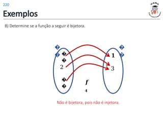 Exemplos
�
�
2
�
�
𝟏
3
𝒇
𝟒
�
�
�
�
8) Determine se a função a seguir é bijetora.
Não é bijetora, pois não é injetora.
220
 