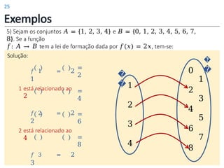 Exemplos
5) Sejam os conjuntos 𝐴 = {1, 2, 3, 4} e 𝐵 = {0, 1, 2, 3, 4, 5, 6, 7,
8}. Se a função
𝑓: 𝐴 → 𝐵 tem a lei de formação dada por 𝑓(𝑥) = 2𝑥, tem-se:
Solução:
1
2
3
4
0
2
4
6
8
�
�
�
�
1
3
5
7
=
2
=
4
=
6
𝑓 1 = 2
1
1 está relacionado ao
2
𝑓 2 = 2
2
2 está relacionado ao
4
𝑓 3 = 2
3
=
8
25
 