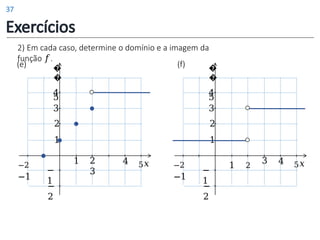 2) Em cada caso, determine o domínio e a imagem da
função 𝑓.
1 2
3
4 5𝑥
1
2
−
1
−
2
−2
−1
3
4
�
�
5
1 2
3 4 5𝑥
1
2
−
1
−
2
−2
−1
3
4
�
�
5
(e) (f)
Exercícios
37
 