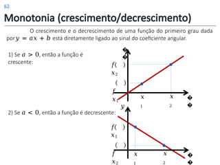 Monotonia (crescimento/decrescimento)
O crescimento e o decrescimento de uma função do primeiro grau dada
por𝑦 = 𝑎𝑥 + 𝑏 está diretamente ligado ao sinal do coeficiente angular.
1) Se 𝑎 > 0, então a função é
crescente:
�
�
𝑥
1
𝑥
2
𝑓
𝑥2
𝑓
𝑥1
�
�
𝑥
2
𝑥
1
�
�
𝑦
2) Se 𝑎 < 0, então a função é decrescente:
𝑓
𝑥1
𝑓
𝑥2
62
 