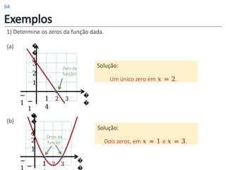 Exemplos
1) Determine os zeros da função dada.
(a)
Solução:
Um único zero em 𝑥 = 2.
�
�
1 2 3
4
1
2
−
1
−
1
3
�
�
4
Zero da
função!
1 2 3
1
2
−
−
3
Zeros da
função!
�
�
4
�
(b)
Solução:
Dois zeros, em 𝑥 = 1 e 𝑥 = 3.
64
 