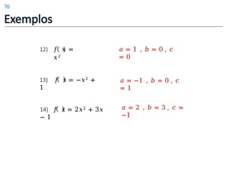Exemplos
𝑎 = 1 , 𝑏 = 0 , 𝑐
= 0
𝑎 = −1 , 𝑏 = 0 , 𝑐
= 1
𝑎 = 2 , 𝑏 = 3 , 𝑐 =
−1
𝑓 𝑥 =
𝑥2
12)
13) 𝑓 𝑥 = −𝑥2 +
1
14) 𝑓 𝑥 = 2𝑥2 + 3𝑥
− 1
76
 