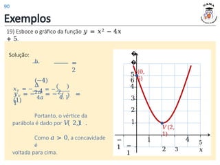 Exemplos
19) Esboce o gráfico da função 𝑦 = 𝑥2 − 4𝑥
+ 5.
Solução:
Portanto, o vértice da
parábola é dado por 𝑉 2,1 .
Como 𝑎 > 0, a concavidade
é
voltada para cima.
=
2
𝑏
(−4)
𝑥𝑣 = −
2𝑎
= −
2.
(1)
∆
−4
𝑦𝑣 = −
4𝑎
= −
4. 1
=
1
4 5
𝑥
1
−
1 −
1
5
�
�
6
4
3
2
1
(0,
5)
𝑉(2,
1)
2 3
90
 
