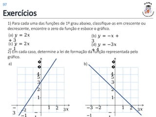 1) Para cada uma das funções de 1º grau abaixo, classifique-as em crescente ou
decrescente, encontre o zero da função e esboce o gráfico.
(a) 𝑦 = 2𝑥
+ 3
(b) 𝑦 = −𝑥 +
3
(c) 𝑦 = 2𝑥
− 1
(d) 𝑦 = −3𝑥
+ 4
2) Em cada caso, determine a lei de formação da função representada pelo
gráfico.
a) b)
−2
1 2 3𝑥
1
2
−
−
3
3
4
�
�
5
1 2 3𝑥
1
2
−
−3 −2
−1
3
4
�
�
5
Exercícios
97
 