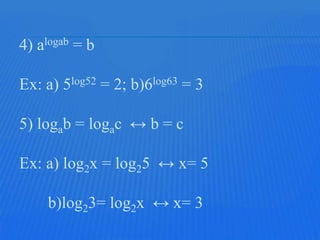 4) alogab = b

Ex: a) 5log52 = 2; b)6log63 = 3

5) logab = logac ↔ b = c

Ex: a) log2x = log25 ↔ x= 5

    b)log23= log2x ↔ x= 3
 