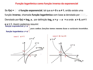 Função logarítmica como função inversa da exponencial
Se f(x) = 𝑎 𝑎
é função exponencial, tal que a > 0 e a ≠ 1, então existe uma
função inversa, chamada função logarítmica com base a denotada por 𝐥𝐥𝐥 𝐥.
Denotado por f(x) = loga x, por definição loga x = y → a 𝑎
= x onde a > 0, a ≠ 1
e x > 0. Assim podemos resumir:
 