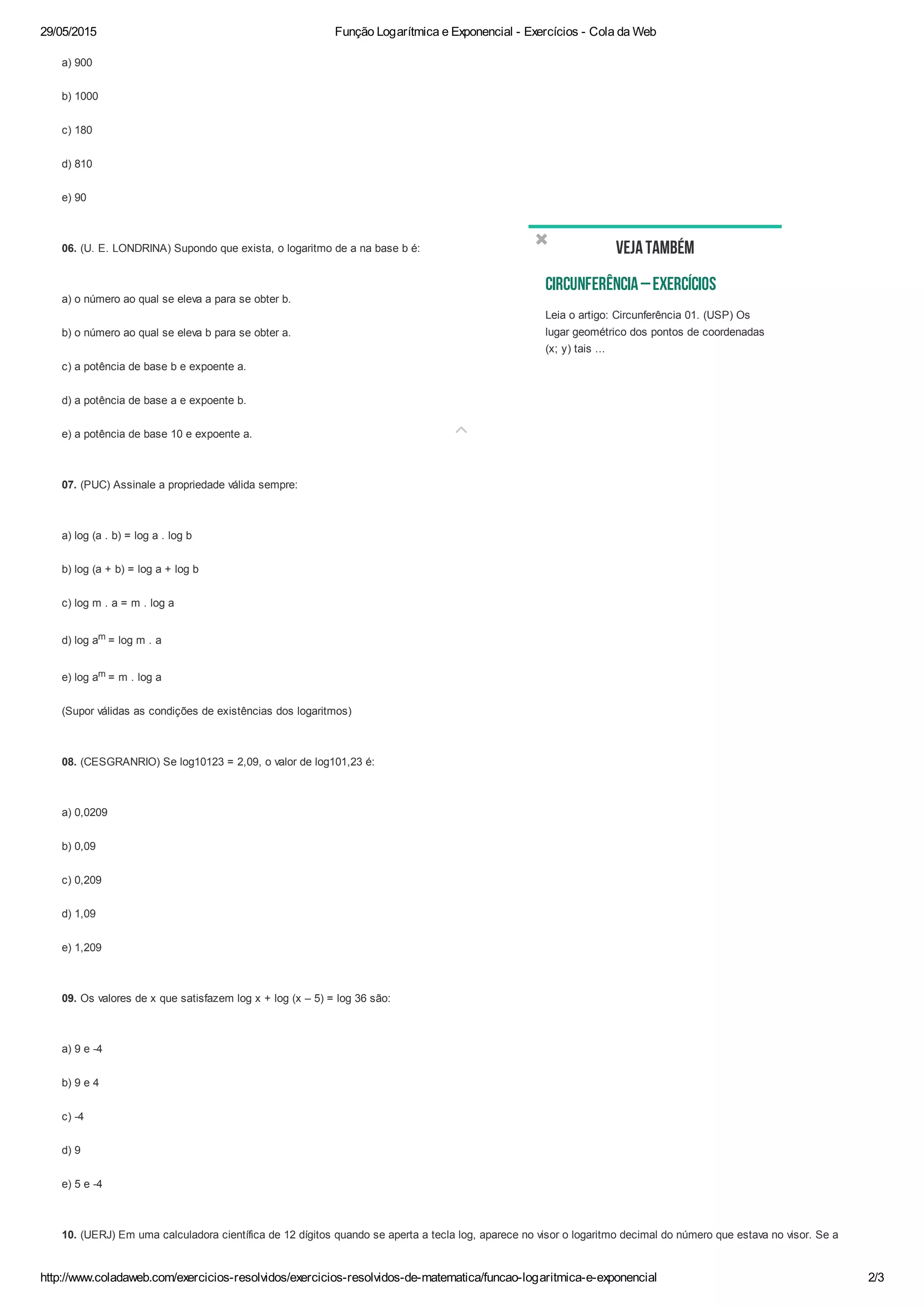 Função logarítmica e exponencial exercícios | PDF