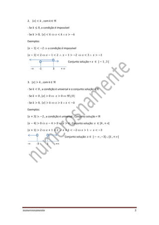 numerosnamente 3
2. , com k
- Se , a condição é impossível
- Se
Exemplos:
 a condição é impossível
Conjunto solução =
- -1 3 + 
3. , com k
- Se , a condição é universal e o conjunto solução é
- Se  
- Se
Exemplos:
, a condição é universal ; Conjunto solução =
; Conjunto solução: 
Conjunto solução:  
- -3 1 +
 