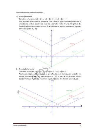 numerosnamente 4
Translação simples da função módulo
1- Translação vertical
Considere as funções ( ) ; ( ) ; ( )
Nas representações gráficas verifica-se que a função ( ) movimentou-se em 4
unidades no sentido positivo do eixo das ordenadas (vetor (0 , 4)). No gráfico da
função ( ) temos um deslocamento de 4 unidades no sentido negativo do eixo das
ordenadas (vetor (0 , -4)).
2- Translação horizontal
Considere as funções ( ) ; ( ) ; ( )
Nas representações gráficas, verifica-se que a função ( ) deslocou-se 2 unidades no
sentido positivo do eixo das abcissas (vetor(2 , 0)). Já para a função ( ), há um
deslocamento de 2 unidades no sentido negativo do eixo das abcissas (vetor(-2 , 0)).
 