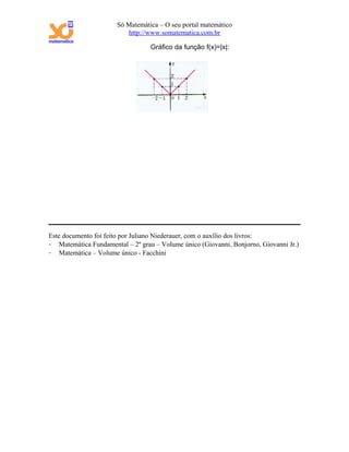 Só Matemática – O seu portal matemático
                         http://www.somatematica.com.br

                                  Gráfico da função f(x)=|x|:




Este documento foi feito por Juliano Niederauer, com o auxílio dos livros:
- Matemática Fundamental – 2º grau – Volume único (Giovanni, Bonjorno, Giovanni Jr.)
- Matemática – Volume único - Facchini
 