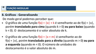 ➔ FUNÇÃO MODULAR
8. Gráficos - Generalizando
De modo geral podemos perceber que:
▪ O gráfico de uma função f(x) = |x| + k é semelhante ao de f(x) = |x|,
porém transladado para cima (quando k > 0) ou para baixo (quando
k < 0). O deslocamento é o valor absoluto de k.
O gráfico de uma função f(x) = |x + m| é semelhante ao de
f(x) = |x|, porém transladado para a direita (quando m > 0) ou para
a esquerda (quando m < 0). O número de unidades do
deslocamento é o valor absoluto de m.
▪
 