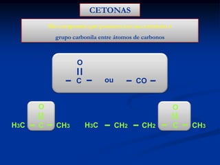 CETONAS
São compostos que possuem em sua estrutura o

grupo carbonila entre átomos de carbonos

O
ou

C

CO

O
H3C

C

O
CH3

H3C

CH2

CH2

C

CH3

 