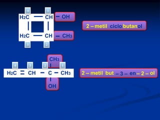 4

1

H2C

CH

OH
2 – metil ciclo butanol

H2C
3

CH

CH3

2

CH3
4

H2C

3

CH

2

1

C
OH

CH3

2 – metil but – 3 – en – 2 – ol

 