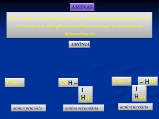 AMINAS
São compostos derivados da molécula do NH3 pela substituição de um ou
mais átomos de hidrogênio por radicais monovalentes derivados dos
hidrocarbonetos
AMÔNIA

H– N–H
I
H
CH3 – N – H
H
I
H

CH3 – N – H
H–
I
H
CH3

amina primária

amina secundária

CH3 – N – CH3
H–
H
I
H
CH3
amina terciária

 