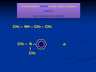 A nomenclatura IUPAC manda colocar a palavra
AMINA
após os nomes dos radicais

CH3 – NH – CH2 – CH3

CH3 – N
I
CH3

etil metilamina

fenil dimetilamina

 