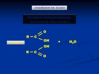 ANIDRIDOS DE ÁCIDO
São compostos obtidos pela desidratação
intermolecular de ácidos carboxílicos

O
R

C

ANIDRIDO

OH
OH

R

C

O

+

H2O

 