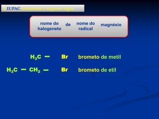 A IUPAC recomenda a seguinte regra:
nome do
de
halogeneto

nome do
radical

magnésio

H 3C
H 3C

MgBr

brometo de metil magnésio

CH2

Mg Br

brometo de etil magnésio

 